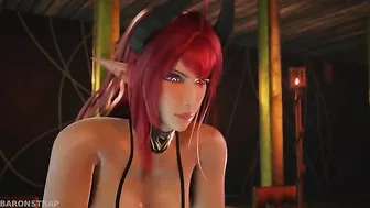 The demon succubus binds the sexy elf with ropes, inflicts pain upon her, and sits on her face in a hentai-themed scene.
