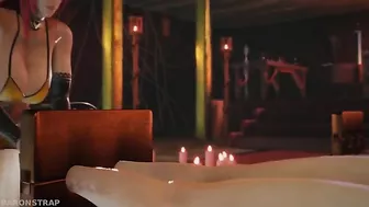 The demon succubus binds the sexy elf with ropes, inflicts pain upon her, and sits on her face in a hentai-themed scene.