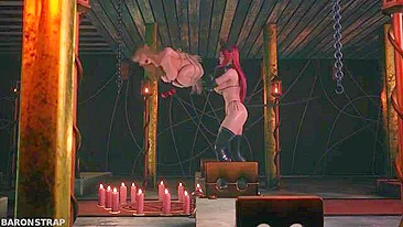 The demon succubus binds the sexy elf with ropes, inflicts pain upon her, and sits on her face in a hentai-themed scene.