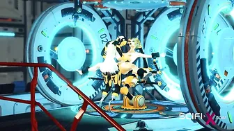 A sexy cyborg dominates a submissive human in a futuristic sex dungeon.