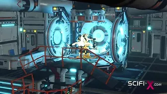 A sexy cyborg dominates a submissive human in a futuristic sex dungeon.