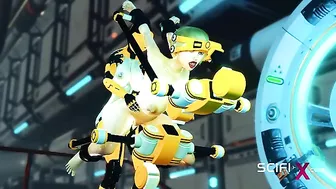 A sexy cyborg dominates a submissive human in a futuristic sex dungeon.
