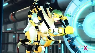 A sexy cyborg dominates a submissive human in a futuristic sex dungeon.