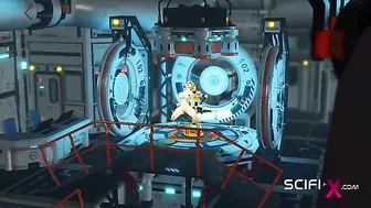 A sexy cyborg dominates a submissive human in a futuristic sex dungeon.