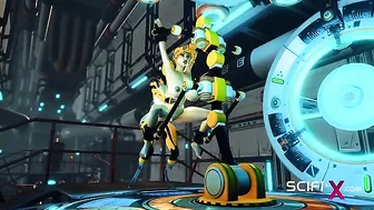 A sexy cyborg dominates a submissive human in a futuristic sex dungeon.