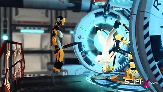 A sexy cyborg dominates a submissive human in a futuristic sex dungeon.