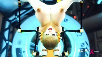 A sexy cyborg dominates a submissive human in a futuristic sex dungeon.