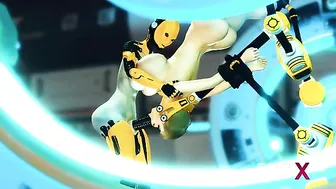 A sexy cyborg dominates a submissive human in a futuristic sex dungeon.
