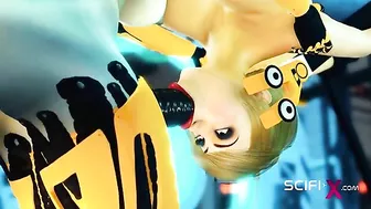 A sexy cyborg dominates a submissive human in a futuristic sex dungeon.