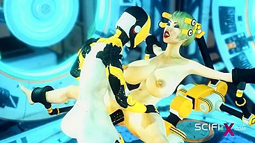 A sexy cyborg dominates a submissive human in a futuristic sex dungeon.