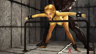 Blonde babe with big tits enjoys hard sex with a black stud on hentai website.