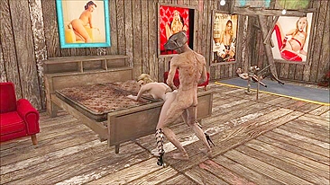 Hancock, a zombified character from Fallout 4, has sex with a bound hooker in an unconventional way.