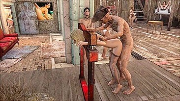 Hancock, a zombified character from Fallout 4, has sex with a bound hooker in an unconventional way.