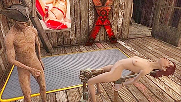 Hancock, a zombified character from Fallout 4, has sex with a bound hooker in an unconventional way.