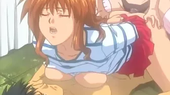 Redheaded hentai nurse doubles down on strapon and guy.