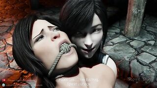 Lara Croft is tied up by Tifa Lockhart who uses a magical strapon dildo to fuck her on a hentai porn site.