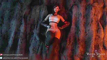 Lara Croft is tied up by Tifa Lockhart who uses a magical strapon dildo to fuck her on a hentai porn site.