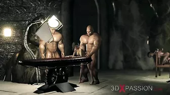 Hardcore hentai scene with a big dude dominating a young girl in a fetish dungeon.