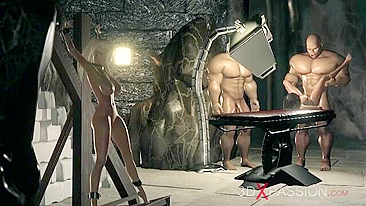 Hardcore hentai scene with a big dude dominating a young girl in a fetish dungeon.