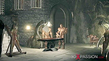 Hardcore hentai scene with a big dude dominating a young girl in a fetish dungeon.