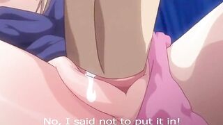 Hentai anime scene with three schoolgirls in BDSM and cum-dumpster positions.