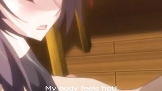 Hentai anime scene with three schoolgirls in BDSM and cum-dumpster positions.