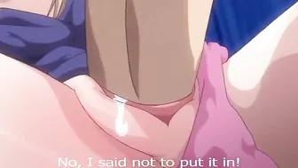 Hentai anime scene with three schoolgirls in BDSM and cum-dumpster positions.