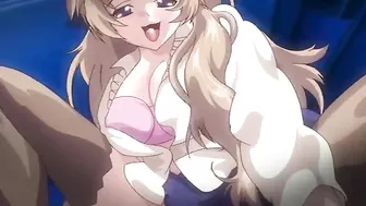 Hentai anime scene with three schoolgirls in BDSM and cum-dumpster positions.