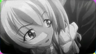 Hentai anime scene with three schoolgirls in BDSM and cum-dumpster positions.