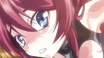 Hentai anime scene with three schoolgirls in BDSM and cum-dumpster positions.