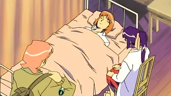 A lesbian vampire in a hentai scene binds and bites a nude schoolgirl.