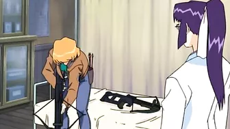 A lesbian vampire in a hentai scene binds and bites a nude schoolgirl.