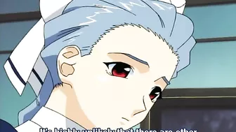 A lesbian vampire in a hentai scene binds and bites a nude schoolgirl.