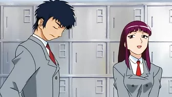 A lesbian vampire in a hentai scene binds and bites a nude schoolgirl.