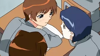 A lesbian vampire in a hentai scene binds and bites a nude schoolgirl.