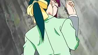 A lesbian vampire in a hentai scene binds and bites a nude schoolgirl.