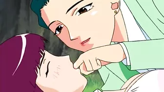 A lesbian vampire in a hentai scene binds and bites a nude schoolgirl.