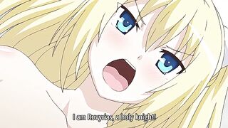 Ruvyrias, a holy knight, battles a tentacled monster that impregnates a busty anime elf-demon in hentai action.