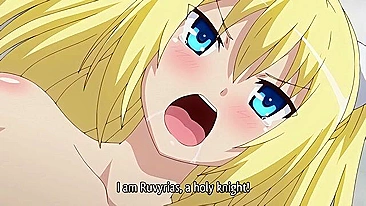 Ruvyrias, a holy knight, battles a tentacled monster that impregnates a busty anime elf-demon in hentai action.