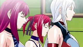 A young male slave is sexually dominated by a group of kinky schoolgirls in a hentai fantasy.