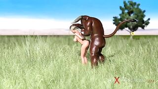 Hardcore hentai scene featuring a sweet schoolgirl getting fucked by a minotaur in an outdoor setting.