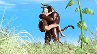 Hardcore hentai scene featuring a sweet schoolgirl getting fucked by a minotaur in an outdoor setting.