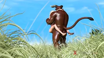 Hardcore hentai scene featuring a sweet schoolgirl getting fucked by a minotaur in an outdoor setting.