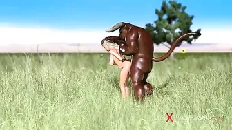 Hardcore hentai scene featuring a sweet schoolgirl getting fucked by a minotaur in an outdoor setting.