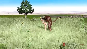 Hardcore hentai scene featuring a sweet schoolgirl getting fucked by a minotaur in an outdoor setting.