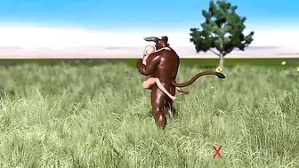 Hardcore hentai scene featuring a sweet schoolgirl getting fucked by a minotaur in an outdoor setting.