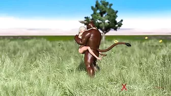 Hardcore hentai scene featuring a sweet schoolgirl getting fucked by a minotaur in an outdoor setting.