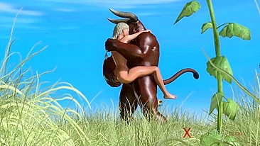 Hardcore hentai scene featuring a sweet schoolgirl getting fucked by a minotaur in an outdoor setting.