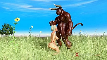 Hardcore hentai scene featuring a sweet schoolgirl getting fucked by a minotaur in an outdoor setting.