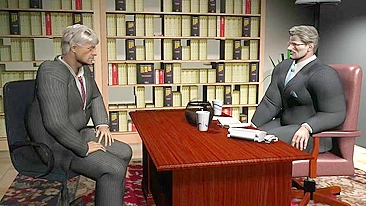 The hentai scene features a gay boss who makes his new employees fuck him.